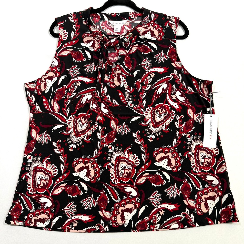 NWT‎ Liz Claiborne Blouse XXL 2XL Black Red Paisley Gold Grommet Tie Keyhole Top